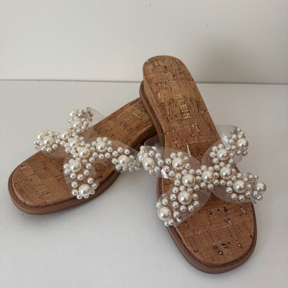 NWOB Anne Klein Pearl Embellished Wedge Cork Sandal | Size 6